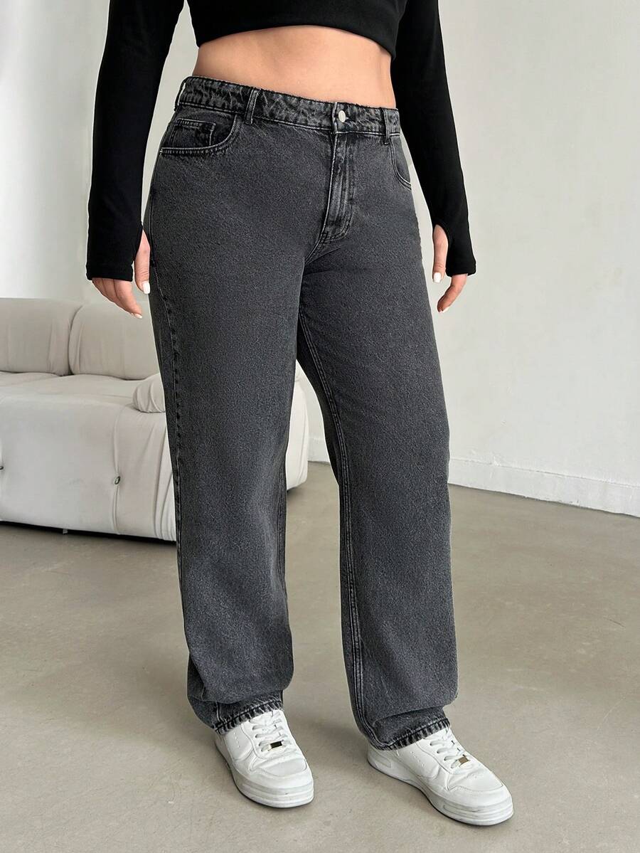 EURMUSE 100%Cotton Plus Size Straight Leg Jeans - Grey - View 1