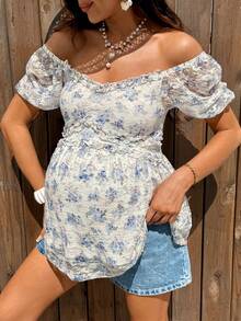 Boho Mama Maternity Casual Ditsy Floral Lace T-Shirt - Blue and White - View 1