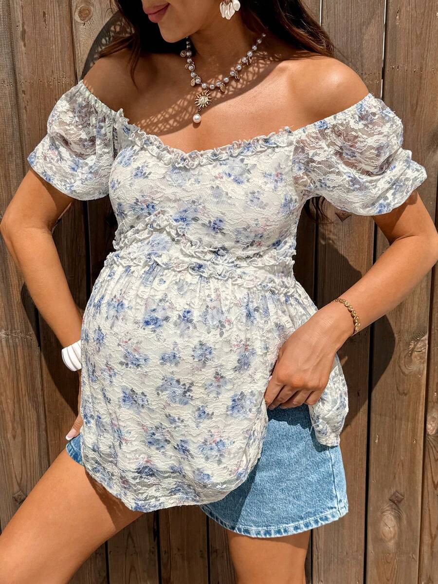 Boho Mama Maternity Casual Ditsy Floral Lace T-Shirt - Blue and White - View 1