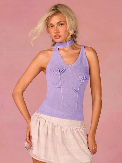 Athîral Women's Summer Casual Vacation Style Solid Color Floral Pattern Asymmetrical Halter Neck Fitted Knit Top