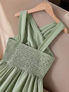 1 chiếc đầm dệt kim thanh lịch cho bé gái tuổi teen, cổ yếm, eo xếp ly, vạt bất đối xứng, màu xanh nhạt, phù hợp mặc hàng ngày, dự tiệc, dạ hội. - màu xanh lá - Xem 4