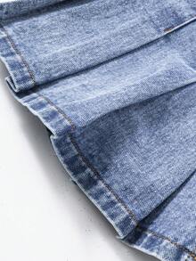 SHEIN Young Girls Denim Bib Pants And Jumpsuit New Casual Fashion Pleated Skort Design Sweet School Style Light Blue Denim Jumpsuit Shorts - Blue - View 10