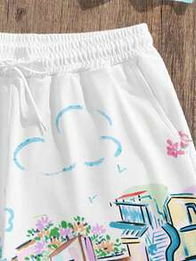 Sorvial Bộ 2 món đồ nam phong cách thường ngày, in họa tiết graffiti, gồm áo thun ngắn tay và quần short, thích hợp cho mùa hè. - trắng - Xem 5