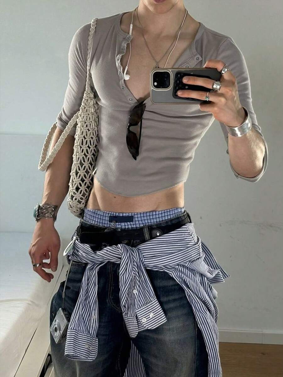 Manfinity Dauomo 休闲时尚男士修身性感纽扣上衣 - 灰色 - 查看 1
