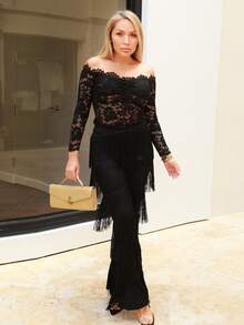 Cioccolato Fringe Trim Flare Leg Pants - Black - View 1