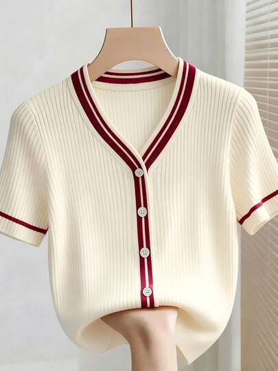 Franclia 女士轻薄V领短袖撞色罗纹修身针织开衫，休闲日常穿着，夏季