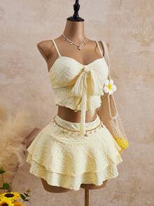 Bellisia Bộ bikini nữ thắt nơ phía trước, vạt áo bất đối xứng, chất liệu vải dệt họa tiết, đồ bơi ngọt ngào cho tiệc bãi biển và kỳ nghỉ hè, trang phục đi biển cho phụ nữ. - Màu vàng - Xem 3
