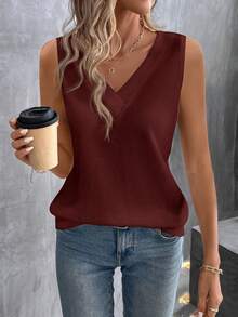 EMERY ROSE Women's Solid Color V-Neck Casual Loose Summer Sleeveless Tank Top - Burgundy - View 1