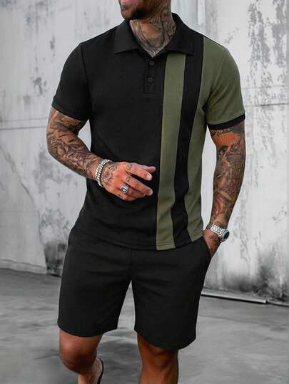 Manfinity CasualCool Men's Comfortable High-Quality Pique Fabric Colorblock Polo Shirt And Drawstring Elastic Waist Shorts, Suitable For Men's Casual Vacation, Hangout With Friends, Party, Office, Business, Especially Suitable For Spring And Autumn