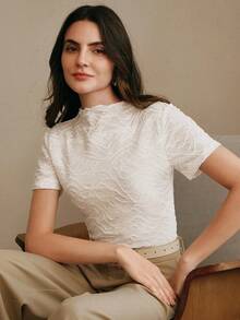 Anewsta 女士纹理圆领休闲短袖T恤 - 白色 - 查看 6