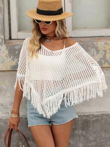 Brillora Suéter holgado de punto con diseño de poncho y flecos en el bajo, unicolor, para vacaciones de mujer - Albaricoque - Ver 5