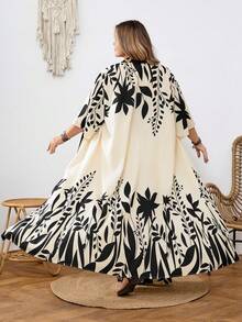 SHEIN CURVE+ Curve 尺码 US22 音乐节、海滨度假、波西米亚风印花两件套外套和裤子，度假沙滩装 - 黑與白 - 查看 7