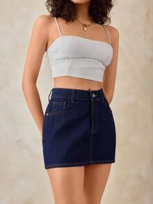 SHEIN 100%纯棉女士斜插口袋休闲牛仔裙 - 深色水洗藍 - 查看 5