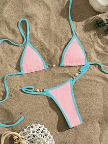 Swim Mod Bãi biển mùa hè Binding Trim Pearl Decor Chuỗi liên kết Halter Micro Bra Bikini - Màu Hồng baby - Xem 4