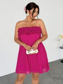 Firerie Plus Size Elegant Solid Color Pleated Hem Tube Dress For Summer Strapless Dress Hot Pink - Hot Pink - View 6