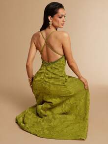 Silquee 春夏芥末绿荷叶边无肩带中长连衣裙，活力绿色3D立体花卉面料，仙境森林绿连衣裙，适合派对、婚礼、家庭聚会等场合，无肩带设计，春季新款仙境森林绿连衣裙，夏季自然色差及3D立体花卉连衣裙 - 綠色 - 查看 7