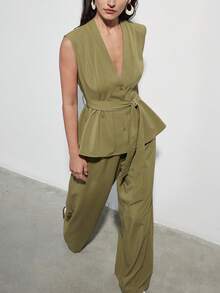 Aveloria Modichic Olive Green V-Neck Sleeveless Ruched Waist Suit Jacket With Adjustable Belt And Loose Straight Leg Pants, Women's Suit Set, Elegant Office & Casual Versatile Two Pieces Outfit - Mustard Yellow - View 1