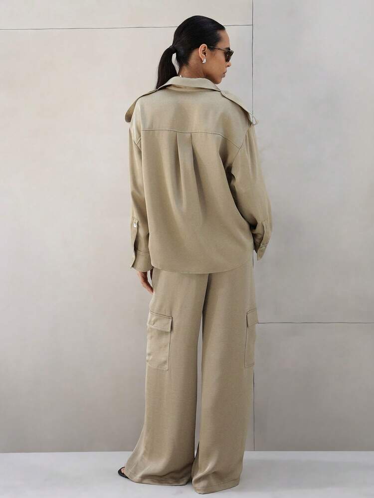 KSTM High Rise Wide Leg Satin Cargo Utility Pants With Side Pockets Women's Casual Relaxed Fit Trousers For Fall Winter