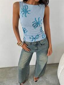 Aloruh 女士派对圣诞新年亮片圆领无袖紧身背心 - 藍色 - 查看 8