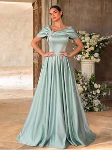 Aureia 女士纯色浅灰绿色缎面不对称领口水钻装饰短袖优雅夏季连衣裙，适合派对、晚宴、单身派对、婚礼等场合，简约大方，女士正式晚礼服。 - 灰藍色 - 查看 4