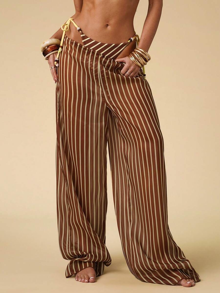 SHEIN BAE Women's Striped Drawstring Waist Casual Versatile Daily Wear Cover Up & Wide Leg Pants Set - Chocolate Brown - View 1
