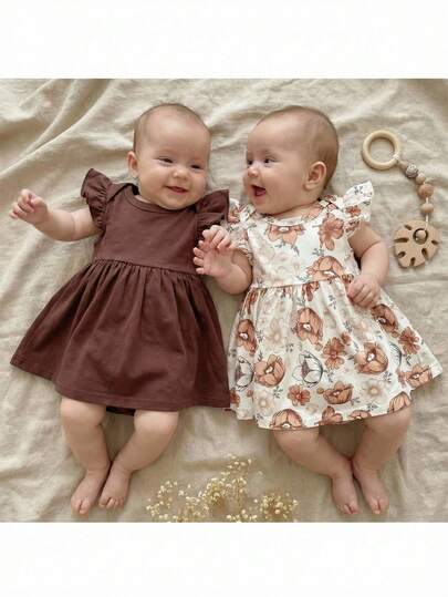 Loomiva Newborn Baby Girl Floral Print Soft Knit Crew Neck Short Sleeve Top 2-Piece Set