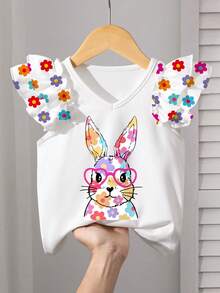 1pc Young Girl Easter Rabbit Print Flutter Sleeve V-Neck T-Shirt - Multicolor - View 1