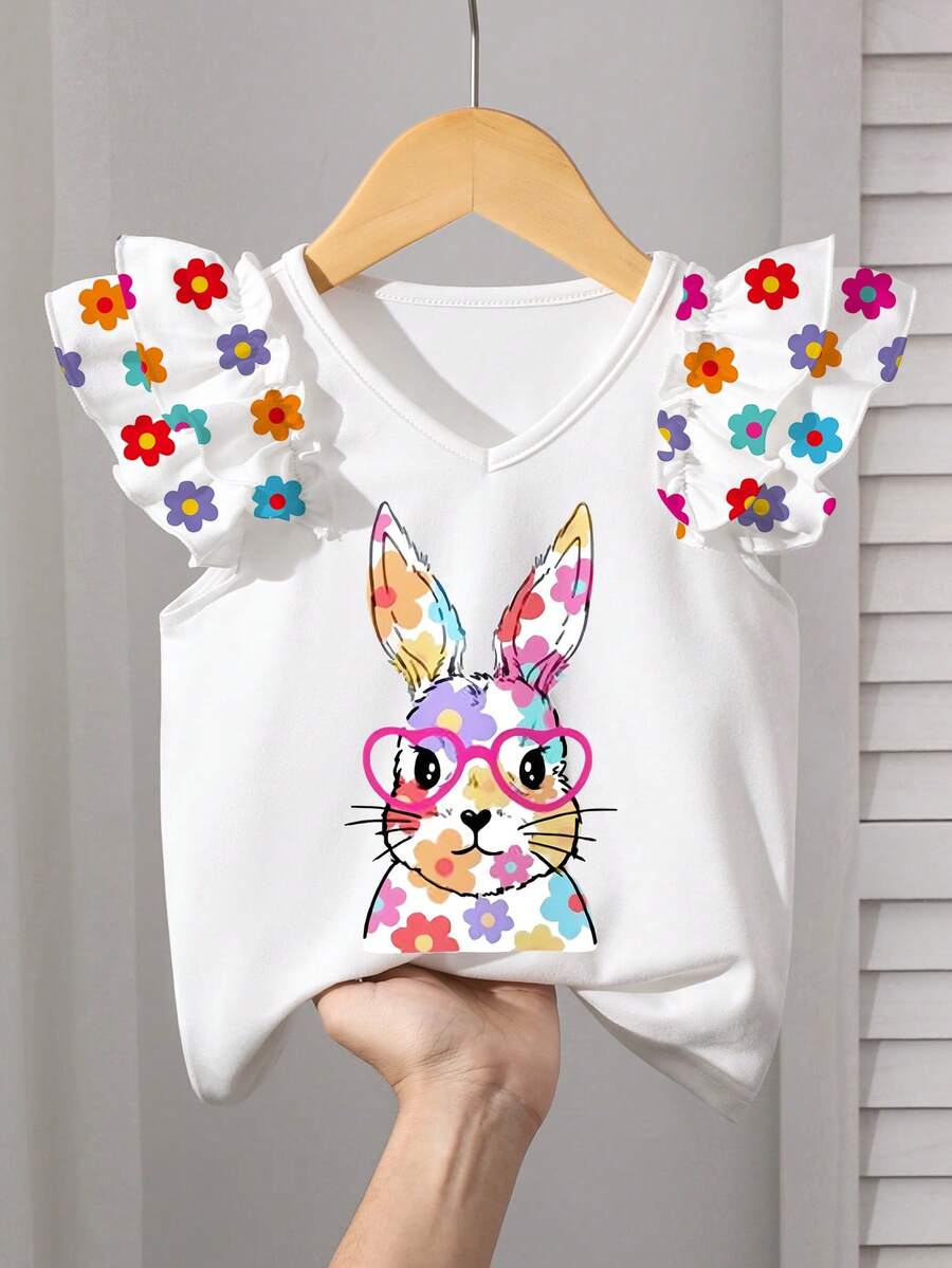 1pc Young Girl Easter Rabbit Print Flutter Sleeve V-Neck T-Shirt - Multicolor - View 1