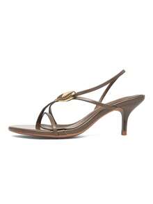 CUCCOO SZL 女士橄榄绿性感绑带金属装饰舒适圆头细高跟凉鞋，适合通勤、约会、派对等场合。 - 棕色 - 查看 6