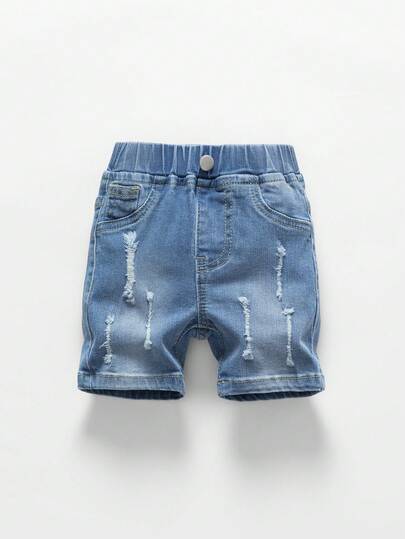 Baby Boy Summer New Arrival Light Washed Blue Fashionable Casual Style Distressed Ripped Denim Shorts, Comfortable Stretchy Denim Fabric, Suitable For Daily Wear And Outdoor Activities Distressed Jean Shorts Distressed Denim Shorts