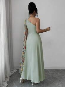 Rafferiza Women's Sophisticated Gray Green Long Dress With Asymmetrical Neck And Beautiful Floral Plant Pattern For Special Occasions - Gray green - View 2