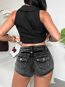 StreetHx 女士休闲日常口袋纽扣牛仔短裤 - 灰色 - 查看 2