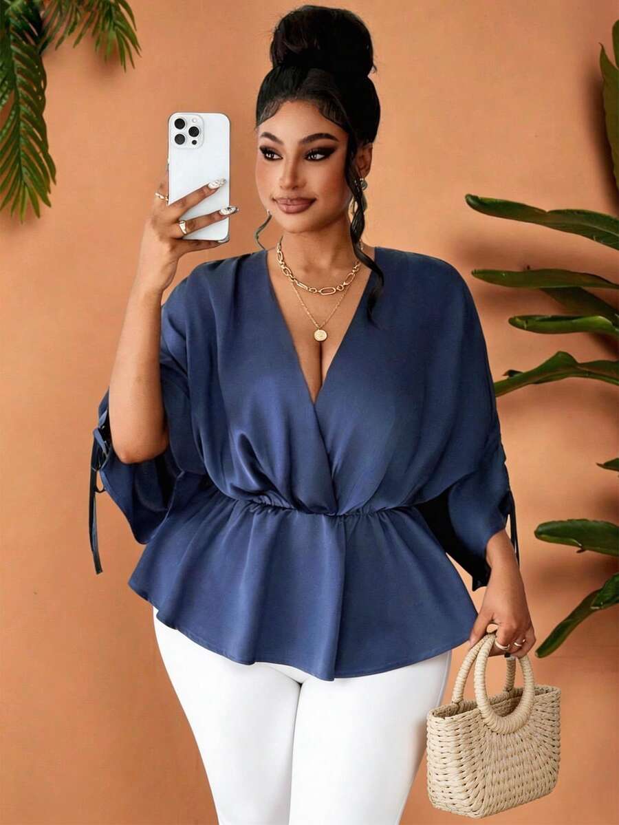 Maweii Plus Size Women's Navy Blue Autumn Elegant Office Satin Blouse,Shiny V-Neck Drawstring Bow Tie Top,Versatile Chic Casual Party Date Night Fashion - Navy Blue - View 1