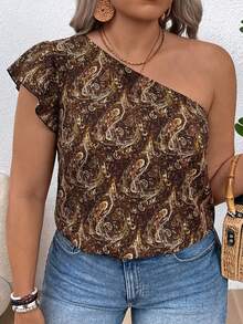 SHEIN VCAY 大码度假短袖单肩佩斯利印花衬衫 - 棕色 - 查看 2