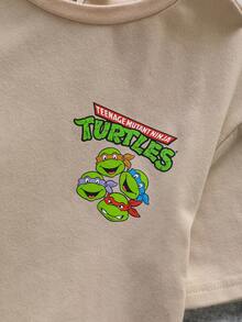 TEENAGE MUTANT NINJA TURTLES | SHEIN Áo thun tay ngắn cổ tròn in chữ hoạt hình phong cách thường ngày cho bé trai, đa năng. - Màu Khaki - Xem 3