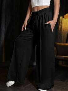 SHEIN PETITE Women's Drawstring Waist Casual Versatile Daily Wear Wide Leg Pants - Black - View 3