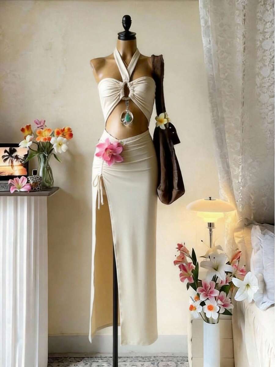 SaltGleam SaltGleam Women's Elegant Sexy Solid Color Hollow-Out Patchwork High Slit Halter Dress, Summer - Light Yellow - View 1