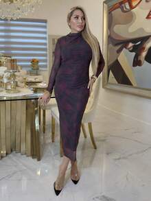 Cioccolato 女士时尚抽象印花紧身连衣裙春装情人节连衣裙 - 紫色 - 查看 3