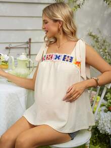 SHEIN 孕妇款女士刺绣休闲吊带背心 - 杏色 - 查看 5