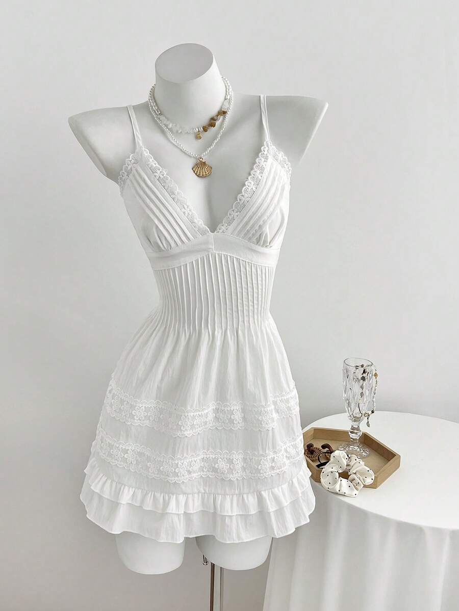 Elamini Sexy & Elegant Spaghetti Strap Deep V-Neck Lace Patchwork Cotton Mini Dress - White - View 1