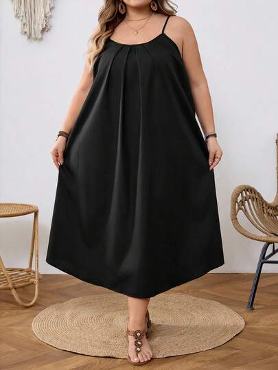 SHEIN CURVE+ Curve Size US22Music Festival, Seaside Vacation, Bohemia Women Solid Color Pleated Casual Party Outing Camisole Dress