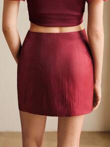 Arave Women Satin Texture Fabric Slim Fit H-Line Large Handmade Stereoscopic Rose Ruffled Design High Waist With Leather Metal Buckle Belt Elegant Party Evening Midi Skirt Elegant Party Dresses For Women Red Dress Wedding Guest Dress For Women - Burgundy - View 9