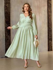Roveilla Große Größen V-Ausschnitt Blütenärmel strukturierte geraffte Taille Midi Kleid Salbeigrün, Herbst, elegant, Hochzeitsgast französischer Stil Leinen Seidenkleid für Frauen Hochzeit - Minzgrün - Übersicht 4