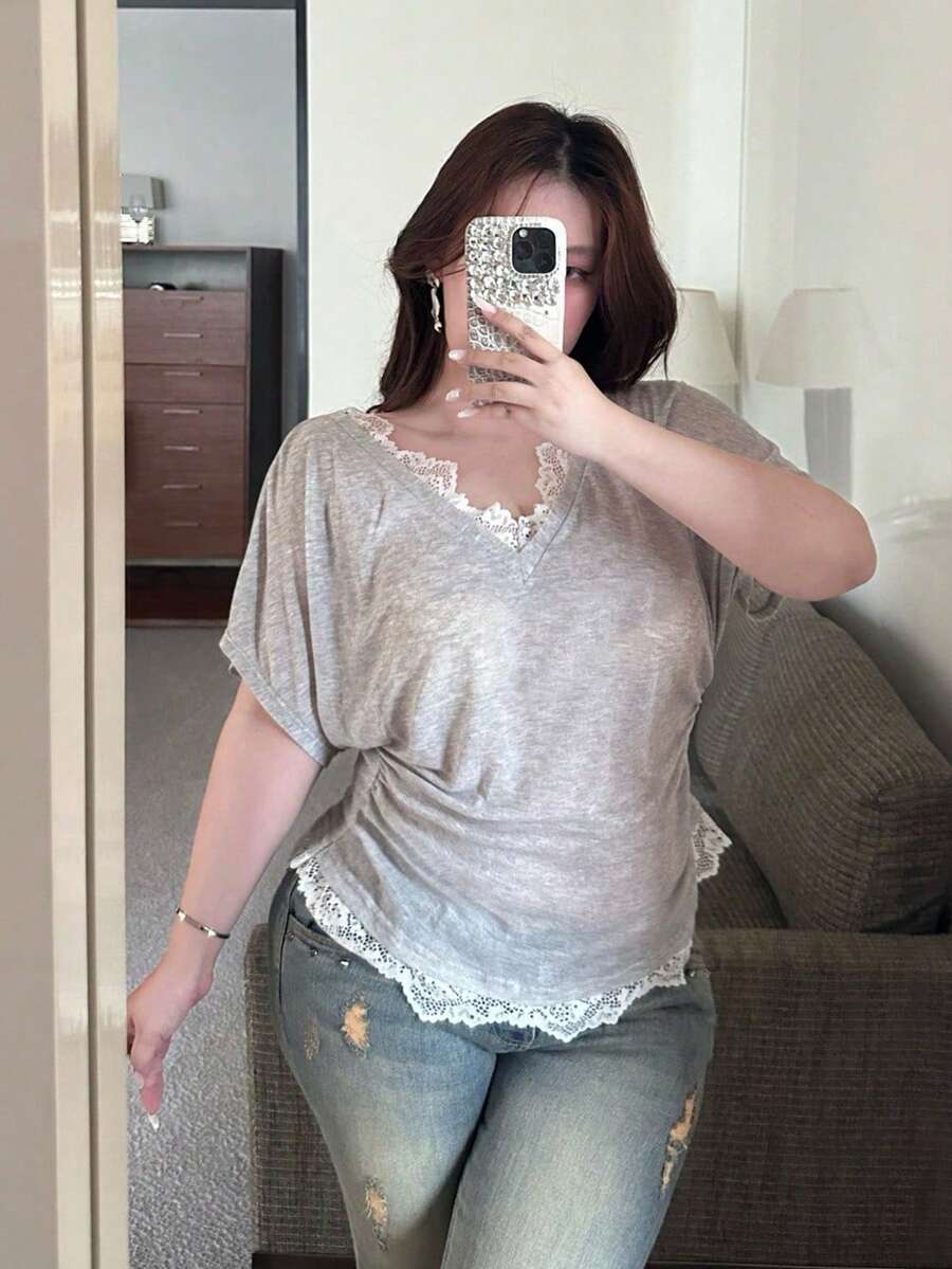 Vibekara Plus Size Women's T-Shirt Top, Lace Patchwork Casual Comfortable Cinched Waist Drop Shoulder Tee, Suitable For Spring & Summer - Grey - View 1