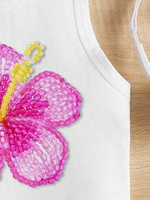 SHEIN 女童无袖圆领休闲可爱创意个性清新高端闪亮质感芙蓉花图案印花背心，适合夏季度假和日常穿着。 - 彩色 - 查看 5