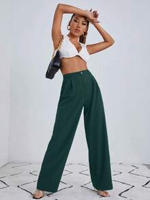EURMUSE Solid Wide Leg Suit Pants - Green - View 3