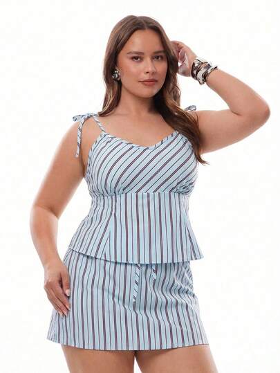 Solavibe Conjunto de 2 piezas a rayas para vacaciones de talla grande, ropa casual para mujer de talla grande, conjunto de vacaciones de talla grande, conjunto de 2 piezas azul, pantalones/falda, parte superior asimétrica, conjunto de 2 piezas de talla grande