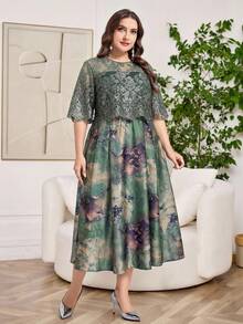 Reflora Đầm ren họa tiết hoa thanh lịch cỡ lớn, thích hợp cho mùa hè. - màu xanh lá - Xem 5