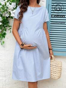 SHEIN 孕妇条纹印花圆领短袖连衣裙 - 藍白色 - 查看 1
