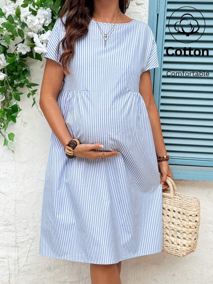SHEIN 孕妇条纹印花圆领短袖连衣裙 - 藍白色 - 查看 1
